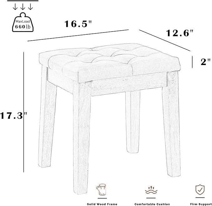 Upholstered Ottoman Stool with Padded Seat, Tufted Vanity Stool with Solid Wood Legs, Accent Stools, Faux Leather Cognac Brown