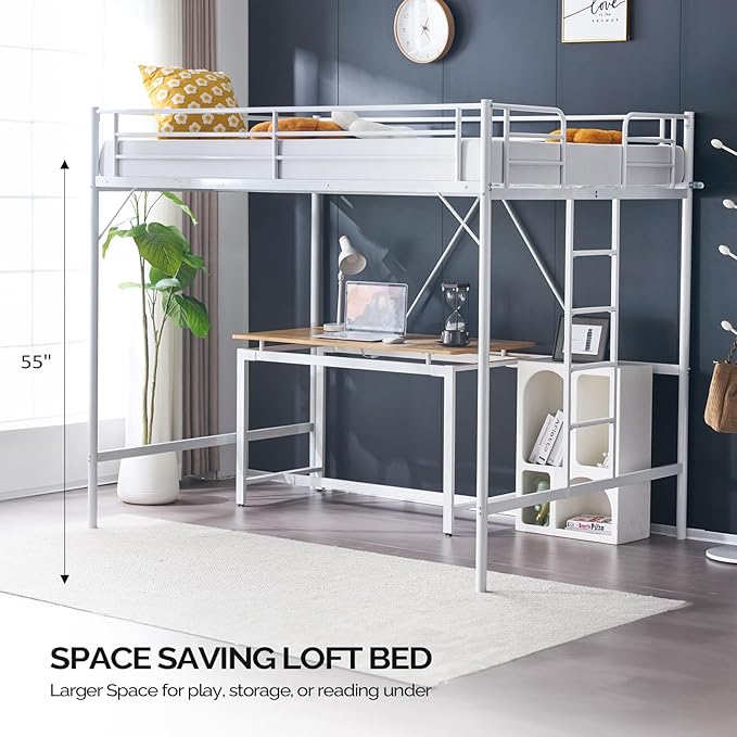 VINGLI Loft Bed Full Size with Flat Rungs for Adults, Kids and Young Teens, No Box Spring Required,Heavy Duty Metal Slat Support,White