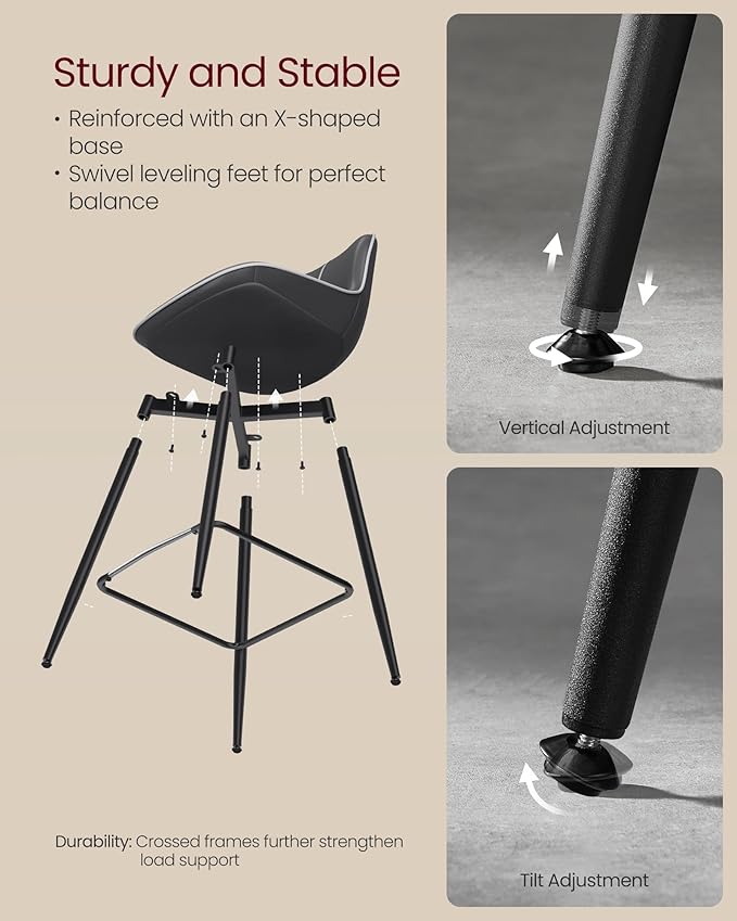 VASAGLE Bar Stools Set of 4, Counter Height Bar Stools with Back, Ergonomic Backrest, Synthetic Leather, Metal Legs, 24.8-Inch Tall Barstools for Kitchen Island Home Bar, Easy Assembly, Ink Black