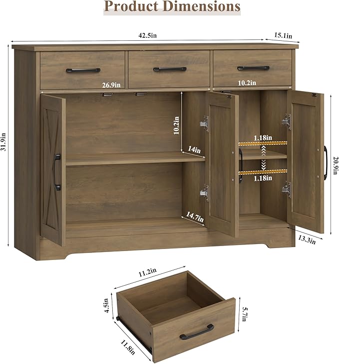 HOSTACK Modern Farmhouse Buffet Sideboard Cabinet, Barn Doors Storage Cabinet with Drawers and Shelves, Wood Coffee Bar Station for Dining Room, Kitchen, Living Room, Rustic Brown