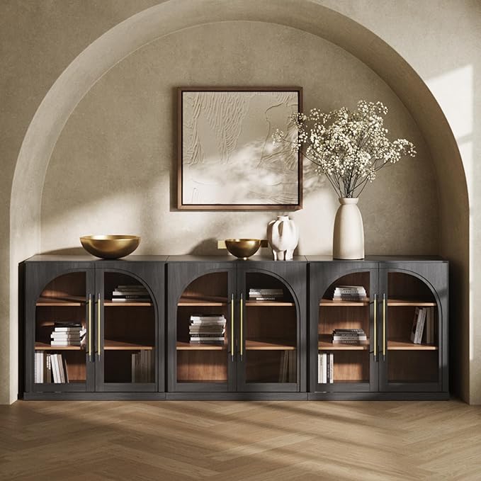 BELLEZE Set of 3 Modular Sideboard with Arched Glass Door, 97'' Accent Display Buffet Cabinet with Storage and Adjustable Shelves,Classic Modern Credenza for Dining Room Living Room Entryway (Ebony)
