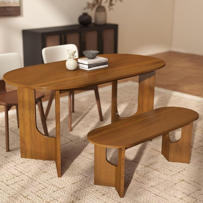 VESCASA 47.25" L Walnut Wood Oval Bench, Solid Wood Dining Bench with Wooden Legs for Dining Room, Restaurant, 1 Piece