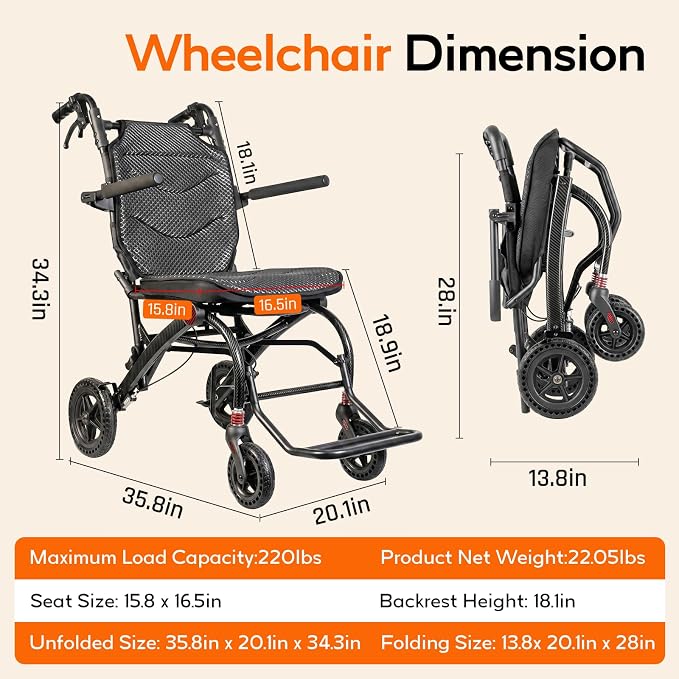 SOFTFISH Transport Wheelchair with Ergonomic Seat & Pull Rod, 1s Foot-fold Wheelchairs for Adults with Foldable Armrest & Footrest, Carbon Fiber Aluminum Frame Travel Transport Chair for Seniors