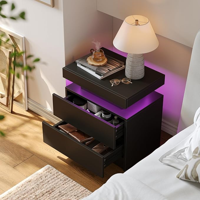 Black LED Night Stand Modern Nightstand with 2 Drawers Bedside Table for Bedroom End Side Table