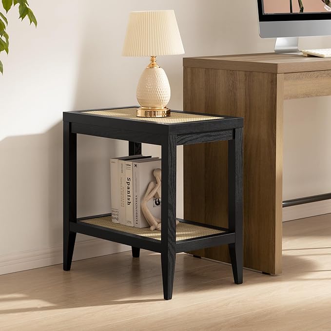 SICOTAS Rattan Nightstand Bedside Table - Farmhouse Boho Narrow Accent End Table with 2 Open Shelves for Bedroom, Living Room, Small Spaces - Black Oak