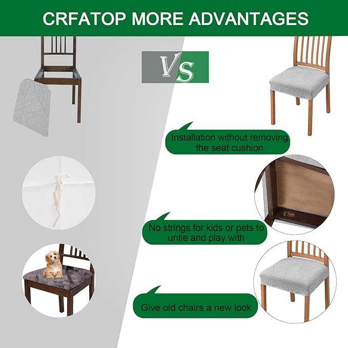 CRFATOP Waterproof Dining Room Chairs Seat Covers Set of 4 with Stretch Bench Slipcover Jacquard Kitchen Chair Slipcover Washable Seat Cushion Slipcover for Hotel Banquet Wedding Party, Light Grey