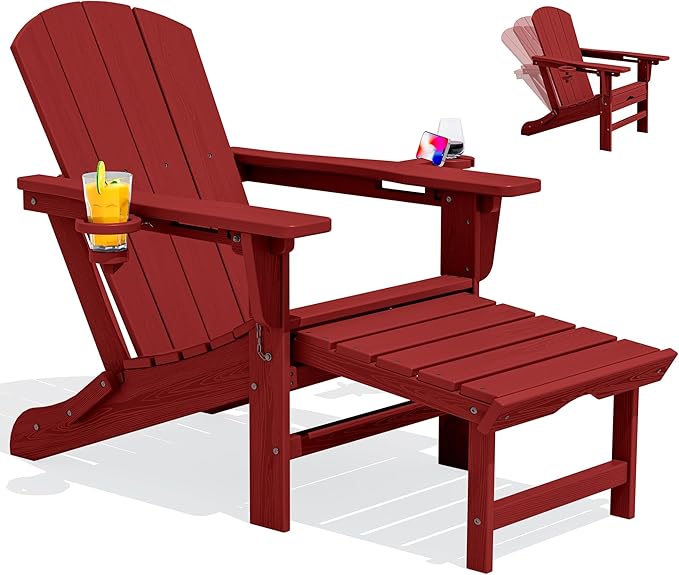 SERWALL Folding Adjustable Adirondack Chair with Footrest, HDPE Outdoor Chair with Dual Cup Holders, All Weather Adirondack Chair with Ottoman, Red