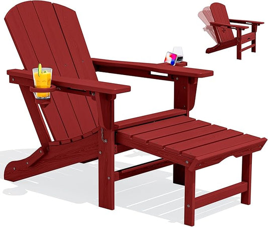SERWALL Folding Adjustable Adirondack Chair with Footrest, HDPE Outdoor Chair with Dual Cup Holders, All Weather Adirondack Chair with Ottoman, Red