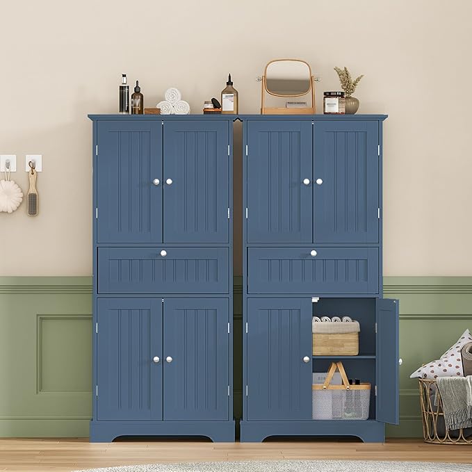 ChooChoo 51" H Tall Bathroom Floor Cabinet, Modern Bathroom Storage Cabinet with Drawer and Adjustable Shelves, Freestanding Kitchen Pantry Cupboard with 4 Doors for Living Room, Blue
