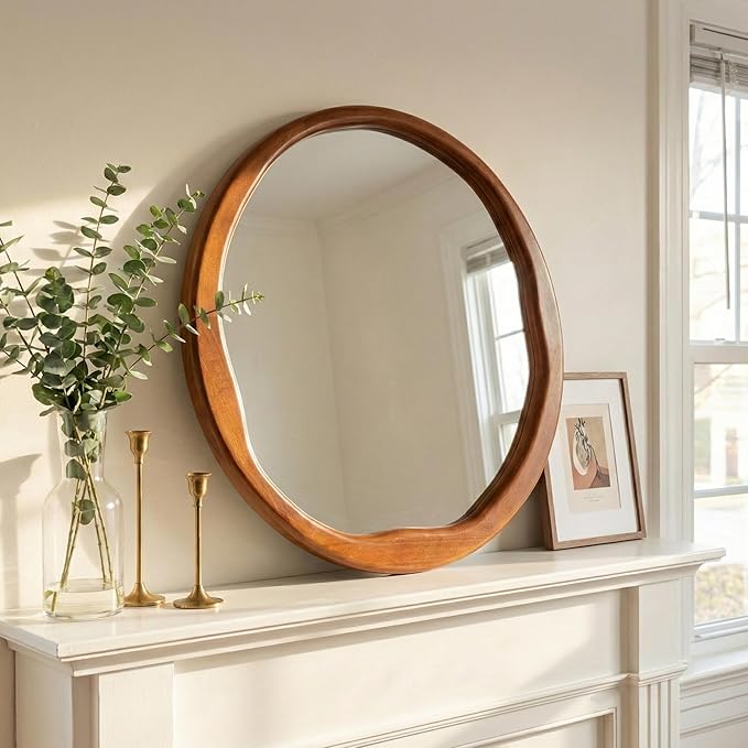 Walnut Round Wall Mirror 30 Inch, Large Solid Wood Framed Mirror with Wavy Inner Edge, Mid-Century Decor for Living Room, Dining Room & Entryway