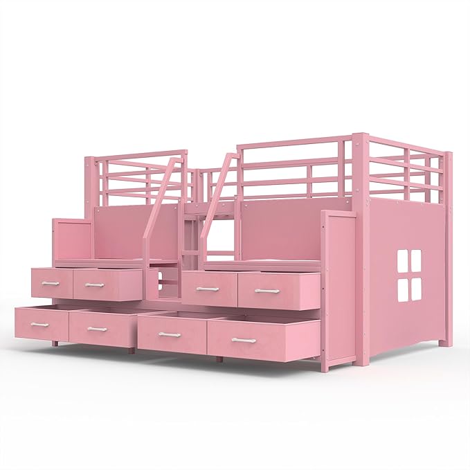 Bellemave Twin Size Loft Bed with 8 Non-Woven Fabric Storage Drawers and Bookshelf, Low Loft Bed with Lights and Private Play Curtain, Twin Loft Beds with High Rails, Noise Reduced Pink