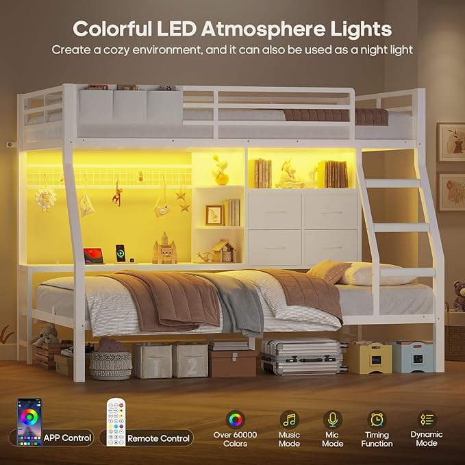 BTHFST Bunk Bed Twin Over Twin with 4 Storage Drawers & Shelves & Bedside Caddy, Twin Bunk Beds with Charging Station & LED Lights, Metal Loft Bed with Safety Guardrail & Angled Ladder for Kids, White