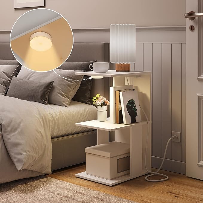 MAHANCRIS End Table with Charging Station, C-Shaped Narrow Side Table with LED Light, White Nightstand with Storage, Narrow Bedside Table for Small Spaces, End Tables Living Room, Bedroom, ETWT18E01Z