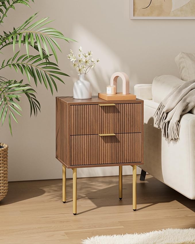 Aienvey Night Stand, Modern Nightstand with Drawers, Bedside Table, Gold Small Side Table for Bedroom, Living Room End Table (Walnut Stripe, 2 Drawers)
