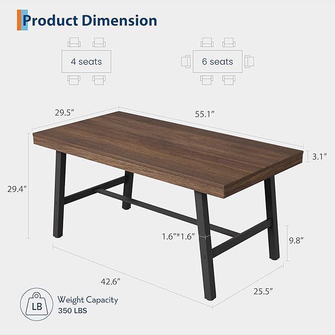 GarveeHome Industrial Dining Table for 2-4, 55" Heavy Duty Rectangular Kitchen Table with 2"×2" Metal Legs, Small Space Dining Table for Kitchen, Dining Room (Brown, 55" Non-extendable)