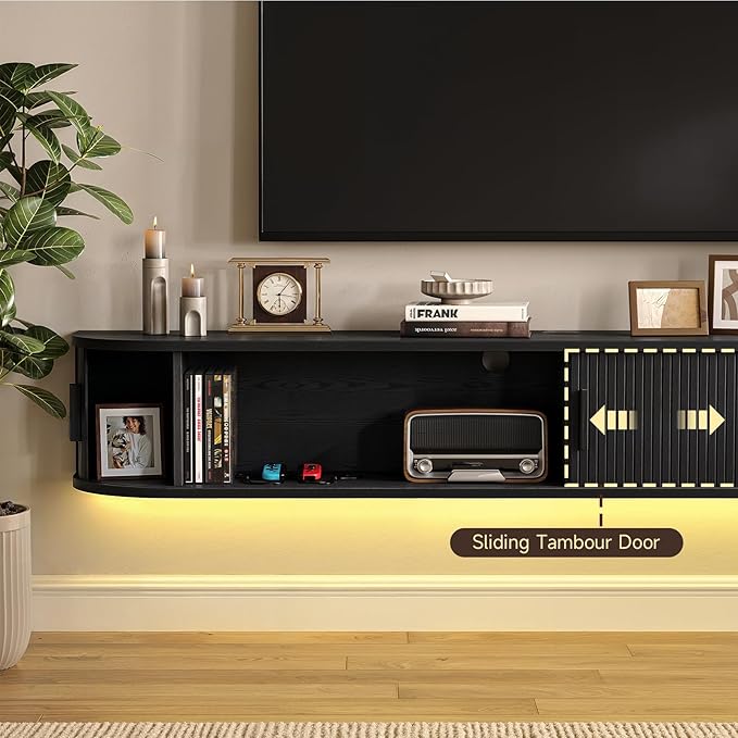 63" Floating TV Stand with Power Outlet for TVs up to 75", Fluted Entertainment Center with Remote Control for LED Lights, Mid-Century Modern TV Console w/Sliding Door for Living Room, Bedroom Black