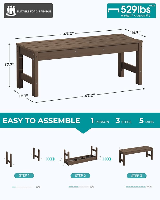 SERWALL 47 Inches Outdoor Bench Set of 2, All Weather HDPE Backless Bench with Wood Grain Texture for Garden Porch and Park, Curved Bench Seat for Comfort, Coffee