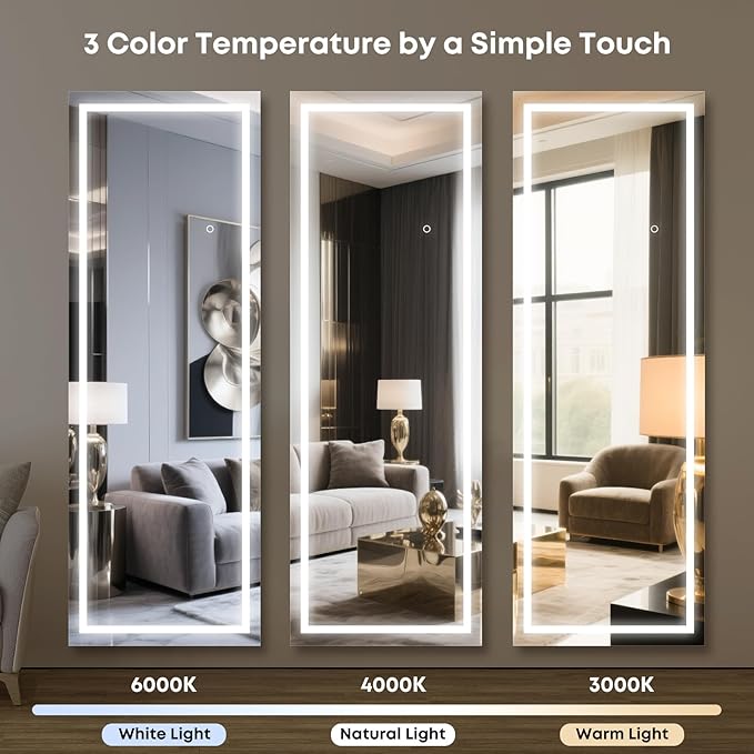 Kosmonia 67x24 Frameless Full Length Mirror, Dimmable 3 Color LED Light w/Memory Function, Distortion Free, HD Reflection & Anti Desilvering, Tempered Glass, Easy Setup w/Stand, Wall/Standing