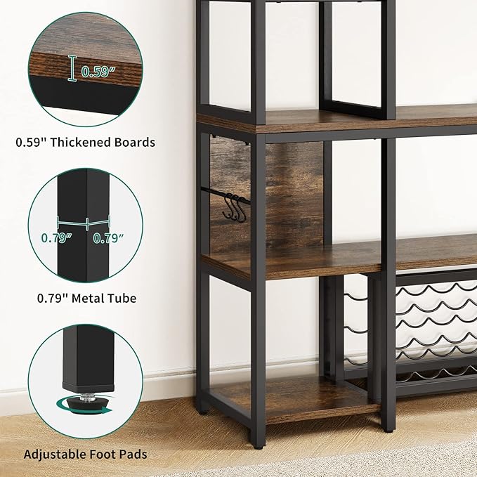 YITAHOME Kitchen Microwave Bakers Stand Wine Rack Coffee Bar Storage for Liquor Glasses Power Outlet Wine Rack Freestanding Floor Tall Farmhouse Shelf Dining Room Hutch 35 Inch Large, Rustic Brown