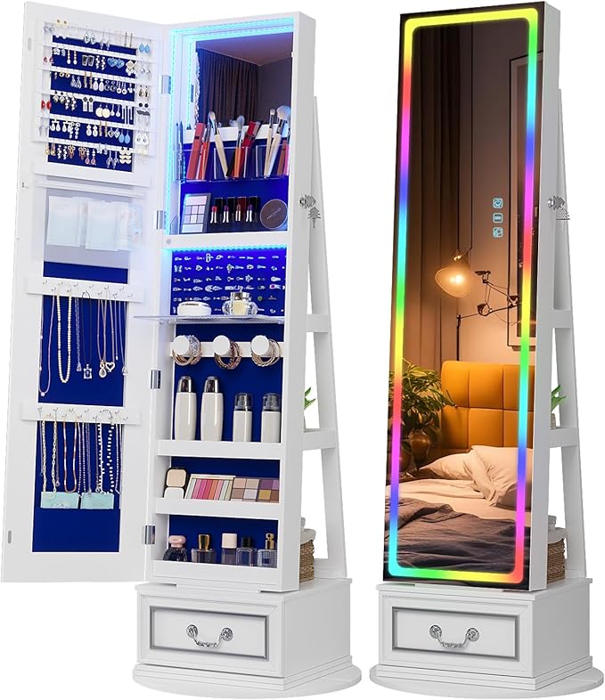 Vlsrka LED Mirror Jewelry Cabinet with Lights, Lockable Full Length Mirror with Storage, Standing Jewelry Armoire Organizer with Touch Screen&RGB Modes for Small Bedroom Spaces, Gift for Women, White
