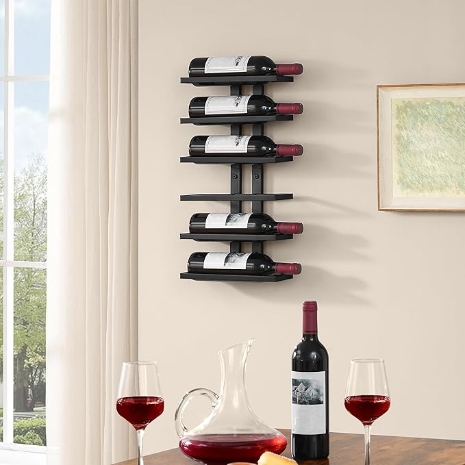 Hoctieon 2-Set 6 Tier Wall Mount Wine Rack (12 Tiers), Wall Racks for Wine Bottles Display and Storage, Hanging Bottle Organizer for Living Room, Dining Room, Wine Cellar, Bar, Black