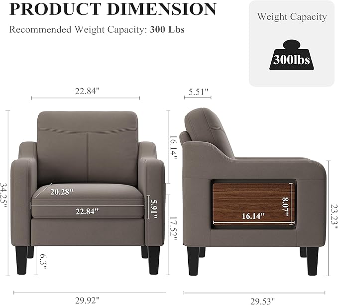 Accent Chair for Living Room, Mid-Century Upholstered Armchair with Foldable Table & 2 Side Pockets, Modern Linen Wooden Sofa Chair for Bedroom & Reading Room, Brown