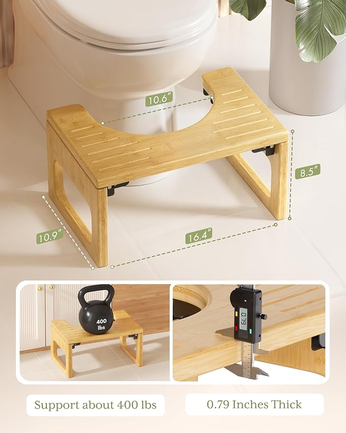 AmazerBath 8.5 Inches Bamboo Toilet Stool Squat for Adults, Collapsible Poop Stool for Bathroom, 0.79" Thickness Squatting Potty with Non-Slip Strip, Space-Saving, Natural Color