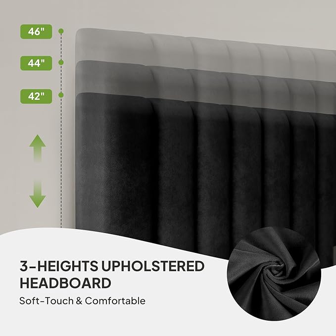 Welzona Bed Frame Full Size with Storage and Headboard, Velvet Upholstered Metal Platform Bed Frame with Vertical Tufted Headboard, 2 Storage Drawers, 3-Height Level, Noise Free Easy Assembly, Black