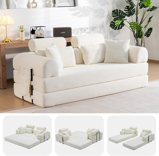 79" Convertible Boneless Couch for Small Spaces, 6-in-1 Corduroy Sofa Bed with High Backrest, Pillows, High-Density Foam Loveseat Sleeper Couch in a Box for Living Room, No Assembly, Beige