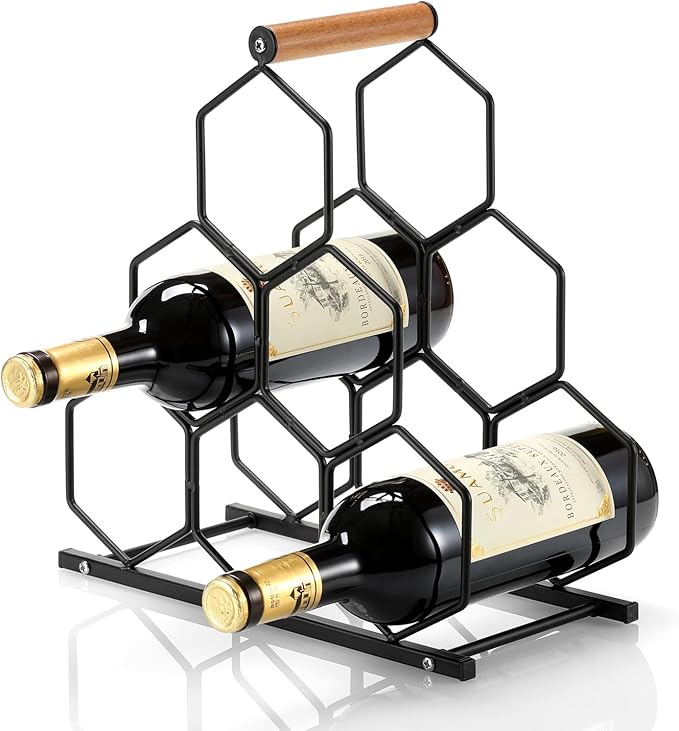 Small Black Wine Rack 6 Bottle Holder Countertop - Modern Metal Wire Wine Storage for Counter Top Table Top Coffee Bar Kitchen
