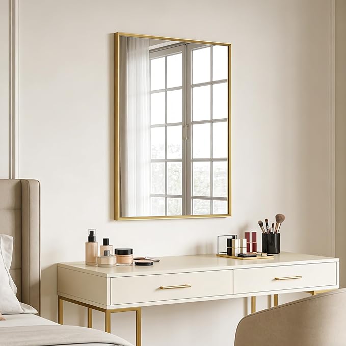 Bathroom Mirror for Wall, 20x30 Inch Metal Framed Mirror, Brushed Gold Rectangle Mirror, Bathroom Vanity Mirror Farmhouse, Tempered Glass, Anti-Rust, Hangs Horizontally or Vertically