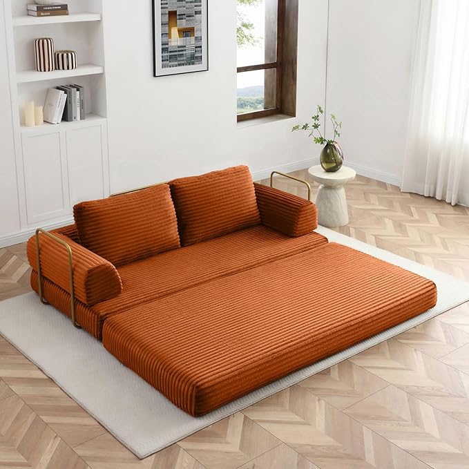 HANXIN 80 Inch Convertible Sleeper Sofa Bed, High Back Plush Corduroy Folding Floor Mattress Couch with Fixed-Shape Frame, Boneless Futon Loveseat with Pull Out Bed, No Assembly Required (Orange)