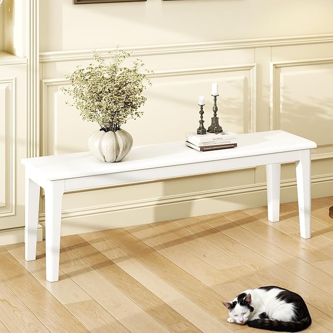 Dining Bench 55.1" Wood Solid Oak Wooden Bed End/Entryway Bench for Bedroom Living Room Kitchen(White)