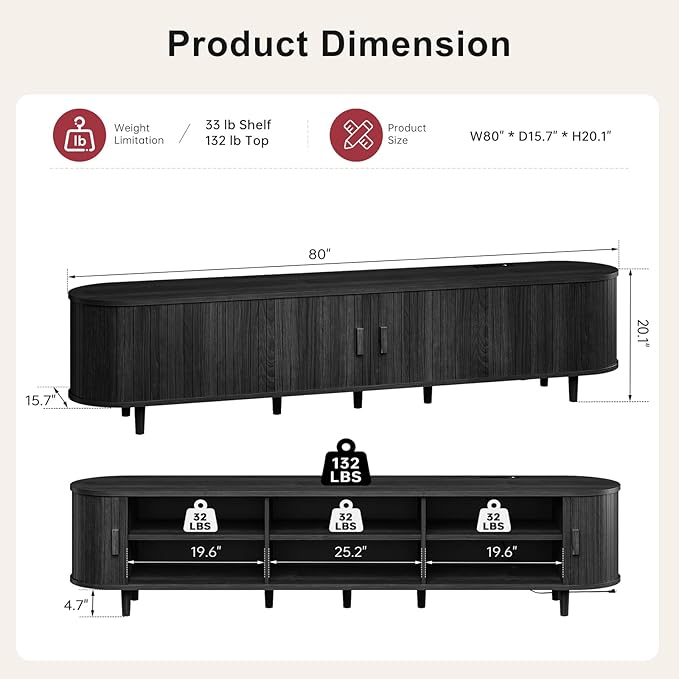 80" Mid Century Modern TV Stand, Wood TV Consoles with Sliding Doors and Power Outlet, Fluted Entertainment Center with Adjustable Shelves, Media Console for Living Room, Black