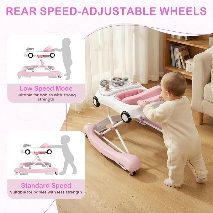 Baby Walker, 5-in-1 Baby Walker for Boys and Girls with Bouncer, Removable Footrest, Music, Foldable & Adjustable Speed Wheels Activity Walker for 6-18 Months Toddler Infant(Pink)