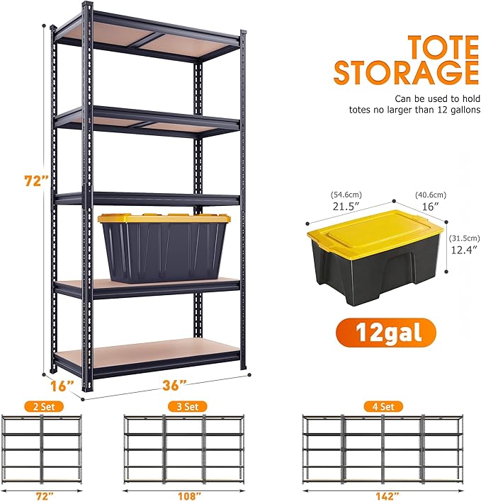REIBII 2400LBS Garage Shelving Heavy Duty,5 Tier Storage Shelves Adjustable Metal Shelving Unit,Garage Shelves for Basement,Warehouse,Commercial,Pantry,Closet,Kitchen 72x36x16,Black