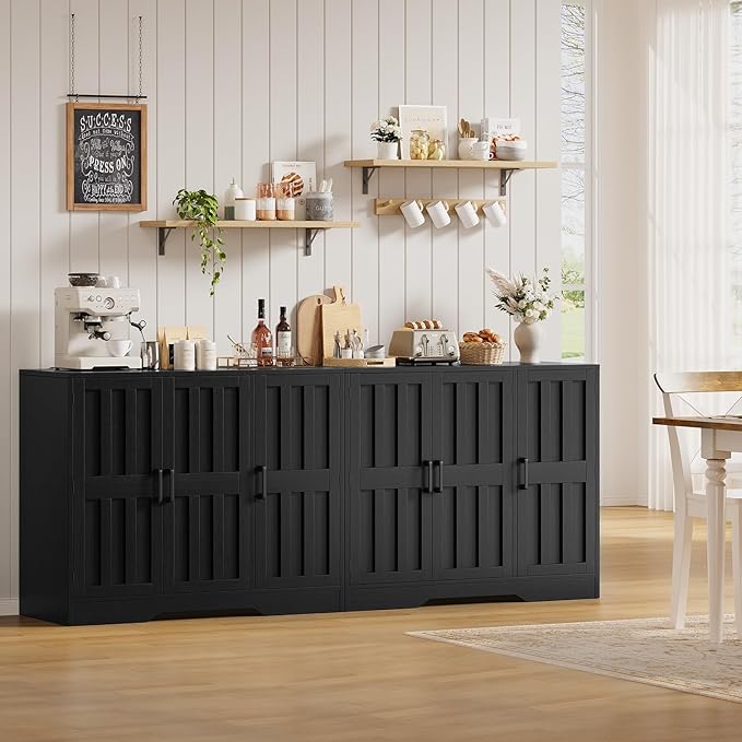 Modern Farmhouse Buffet Cabinet with Storage, 85" Large Sideboard Storage Cabinet with 6 Barn Doors, Coffee Liquor Bar Cabinet Wood Table Credenza with Adjustable Shelf for Kitchen Dining Living Room