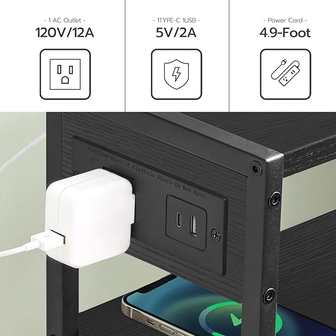 HOOBRO Small Narrow Side Table with Charging Station, Skinny End Table for Small Spaces, Slim Nightstand with USB Ports Outlet, Sofa Beside Table with Storage Shelf, Black BB102UBZ01