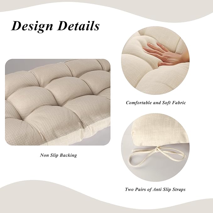 Bench Cushion for Indoor Furniture 48x19 inch Rectangle Bench Seat Cushion for Bay Window Entryway Bench Thick Textured Chair Cushion with Non-Slip Backing 1 Pack, Beige