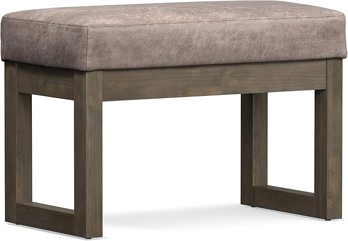 SIMPLIHOME Milltown Small Ottoman Bench - 27" Wide x 18" High Upholstered Vegan Leather Rectangle Footstool Ottoman in Distressed Grey Taupe, Contemporary Bench with Cushioned Seat, Assembled