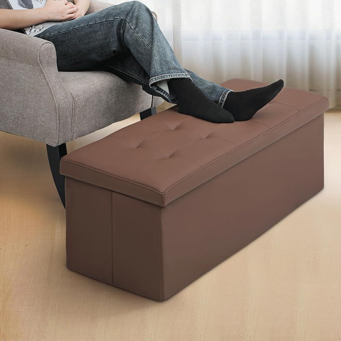 MoNiBloom 43 Inch Storage Ottoman Bench, 34 Gal. Folding Ottoman Footrest, End of Bed Bench, Rectangle Foot Stool, Supports 600 lbs, for Bedroom, Living Room, Entryway, Hallway, Brown