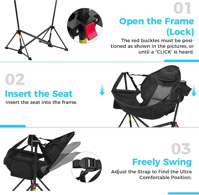Ainfox Hammock Camping Chair, Foldable Portable Rocking Chairs for Adults Outside Swinging Camp with Cup Holder Pillow for Outdoor Patio Poolside (Black)