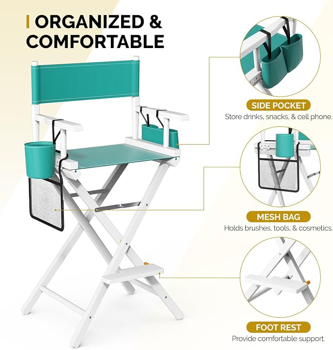 OmySalon Director's Chair 31" Height Folding Portable w/Storage Pouch & Footrest, Makeup Artist Chair for Salon, Events, Mobile, 250lb Capacity, White Wood Frame & Turquoise Canvas Seat