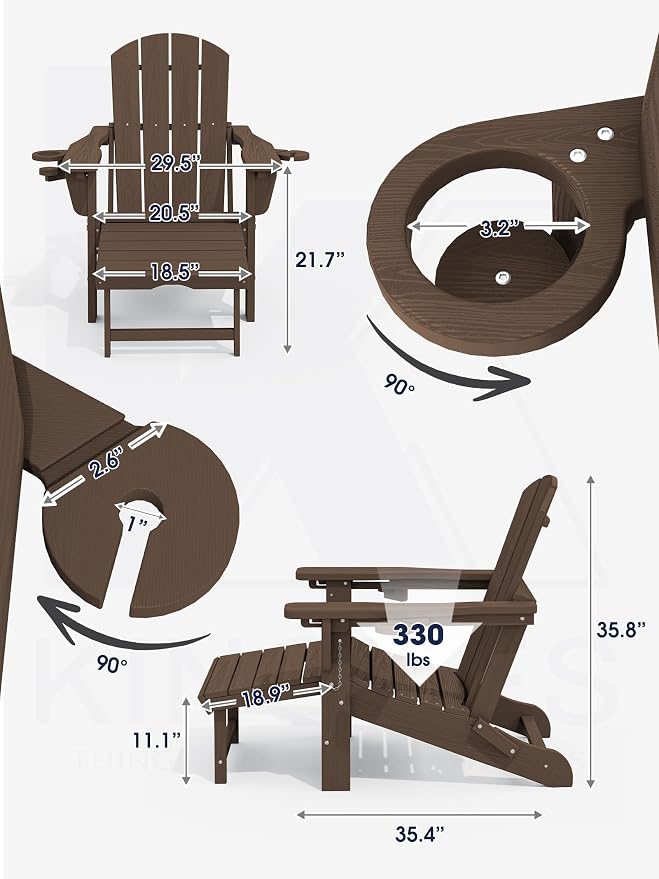 KINGYES Folding Adjustable Adirondack Chair with Ottoman & 2 Cup Holders, HDPE Adirondack Recliner Chair with Footrest, Coffee