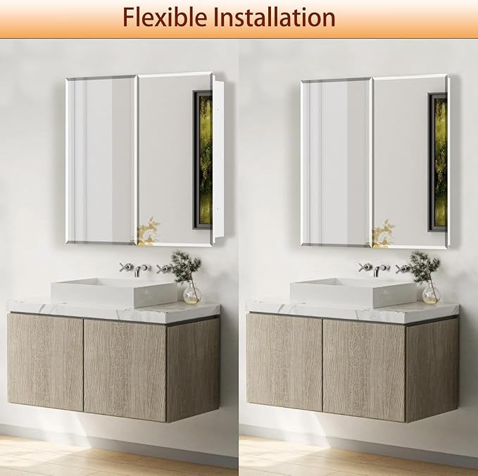 Medicine Cabinet with Mirror, 32x26 Inch Bathroom Mirrored Cabinet with Double Doors, Extra Storage Space, Bevel Mirror Wall Cabinet, Recessed or Surface Mount