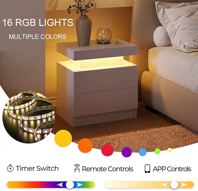 White LED Nightstand Modern Night Stand for Bedroom Bedside Table with 2 Wood Drawers End Side Table
