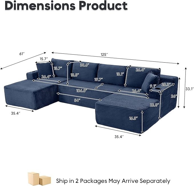 125 Inch Modular Sectional Sofa, Cloud Couch Oversized U Shaped Corduroy Sofa with Storage & Cupholders, Modern Deep Seat Boneless Couches for Living Room, No Assembly Required, Blue