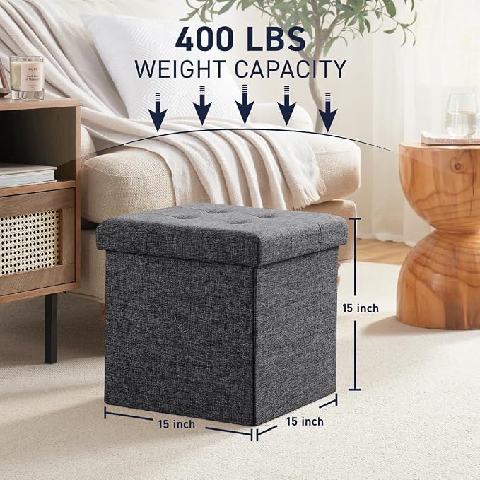 Ornavo Home Folding Storage Ottoman, 15 Inch Storage Cube with Lid, Foot Rest Stool for Bedroom, Living Room, Entryway, Tufted Linen Upholstered - Dark Gray