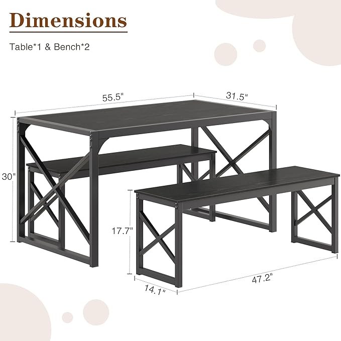 VECELO 55” Kitchen Dining Table Set for 4, Heavy-Duty Steel Frame & Wood-Grain Tabletop, Space-Saving Dinette Sets with 2 Benches for Breakfast Nook and Small Space, Black