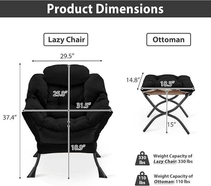Youtanic Lazy Chair with Folding Ottoman, Accent Chair Velvet Upholstered with Metal Structure and Non-Slip Pads, Sofa Armchair with Footrest and Side Storage Bag for Dorm, Room, Office, Black